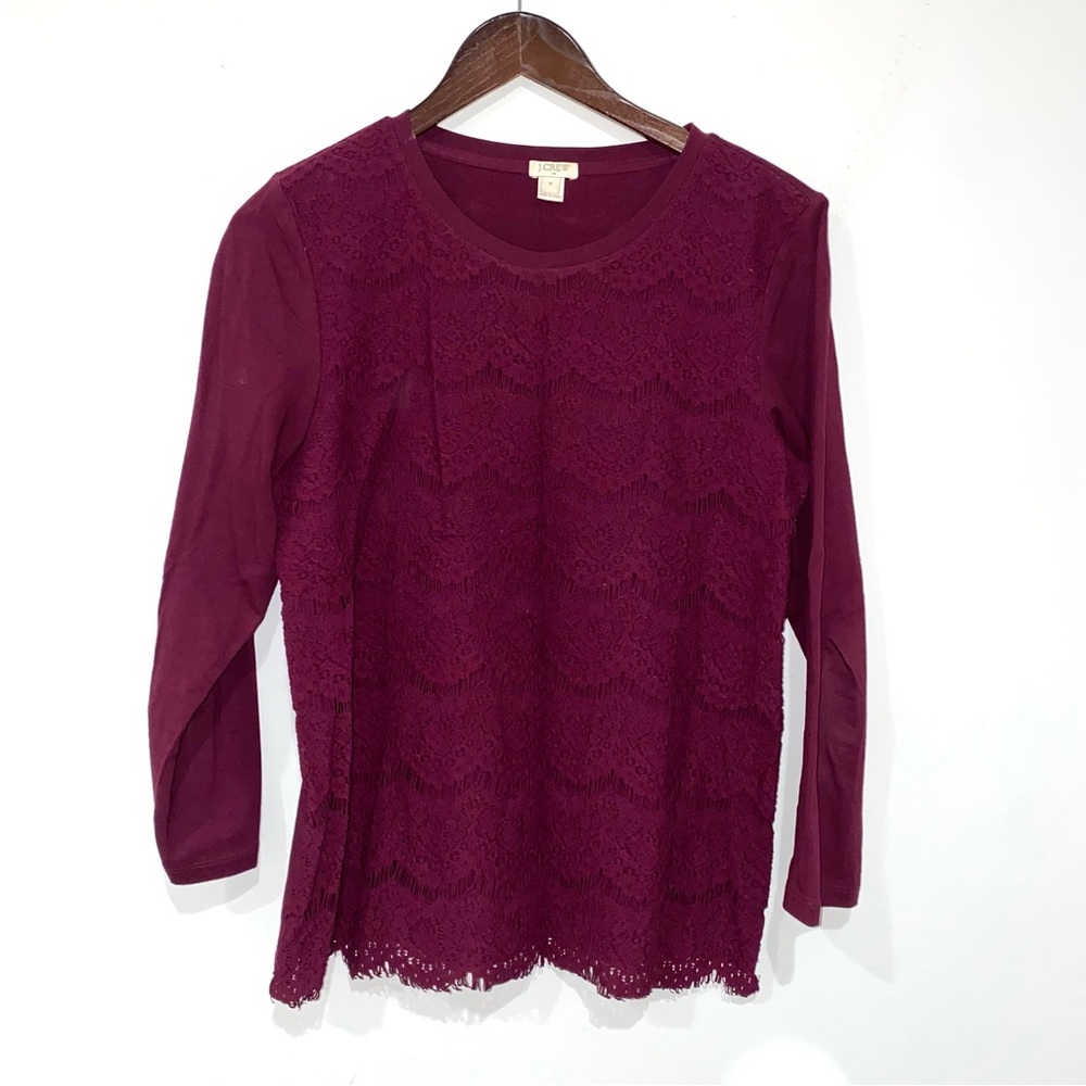 JCREW Womens Medium Burgundy Lace Overlay 3/4 Sleeve Business Casual Shirt F5016